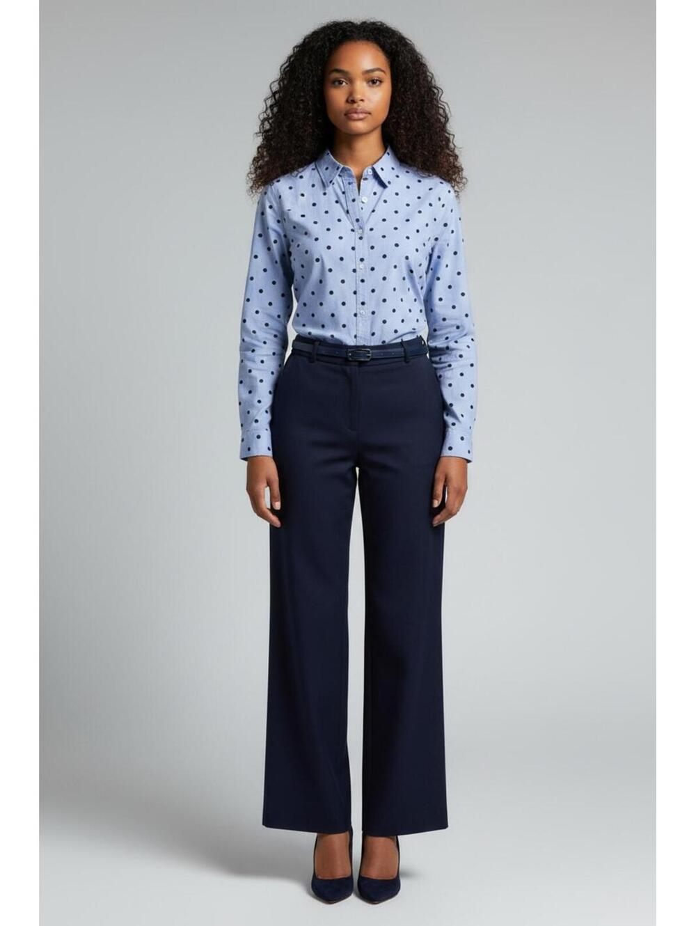 Talbots Classic Cotton Shirt Blue Chambray Navy Polka Dot Button Down, Size XS